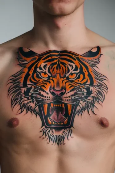 Traditional tiger tattoo idea for men on chest