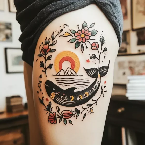 Traditional whale, sun, mountain, floral tattoo for women's thigh
