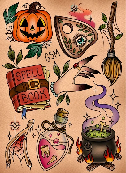 Traditional witchy Halloween flash tattoo design for women
