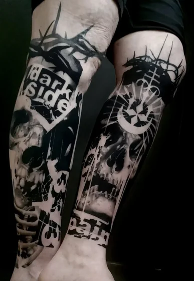 Trash Polka blackwork skull, moon, star, thorns tattoo design for men and women on leg