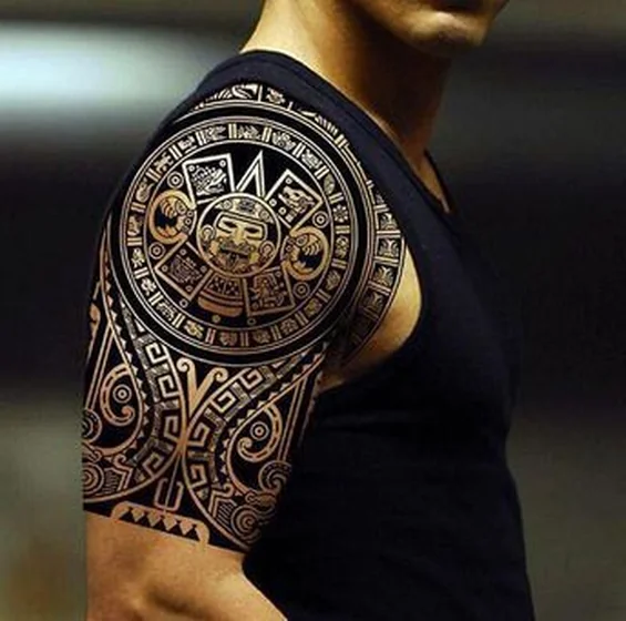 Tribal Aztec Blackwork tattoo design for men on half sleeve