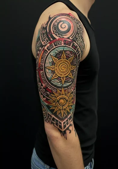 Tribal Aztec sun 3D effect tattoo design for men on upper arm