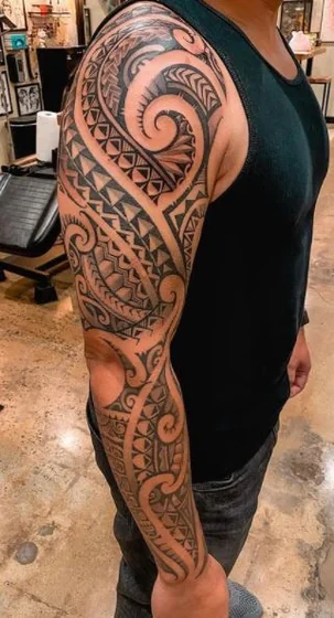 Tribal Blackwork Polynesian full sleeve tattoo for men