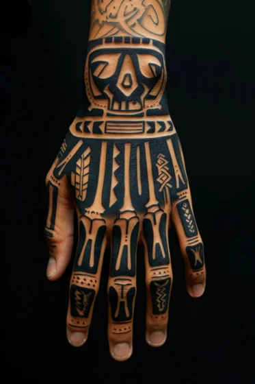 Tribal Blackwork Skull and Mask tattoo design for men on hand and wrist