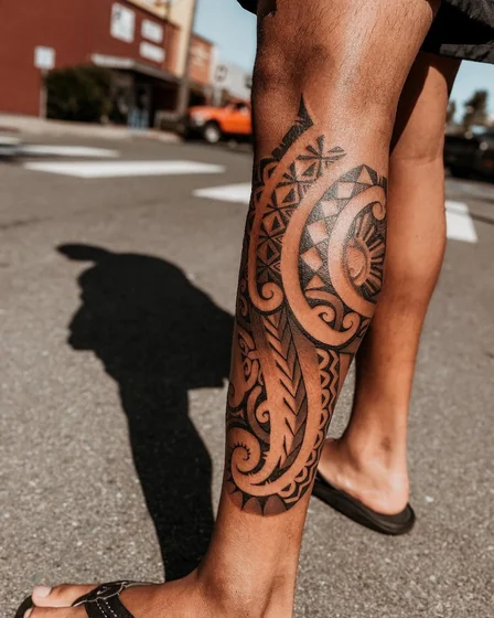 Tribal Blackwork Sun & Polynesian Pattern tattoo for men on leg