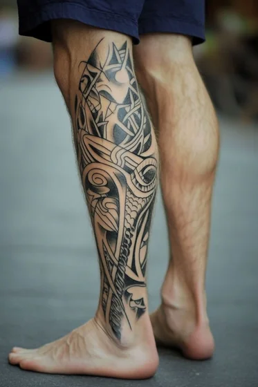 Tribal Blackwork abstract pattern tattoo for men on calf and ankle.
