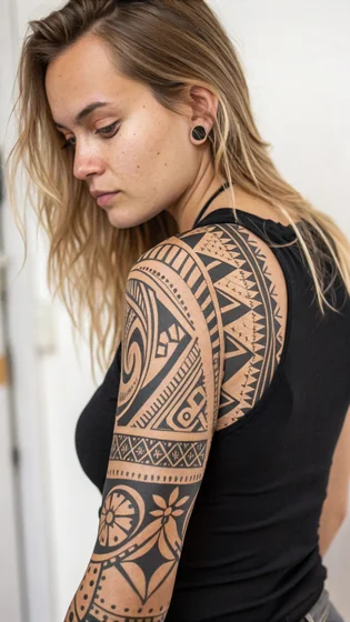 Tribal Blackwork flower floral Polynesian tattoo for women on half sleeve