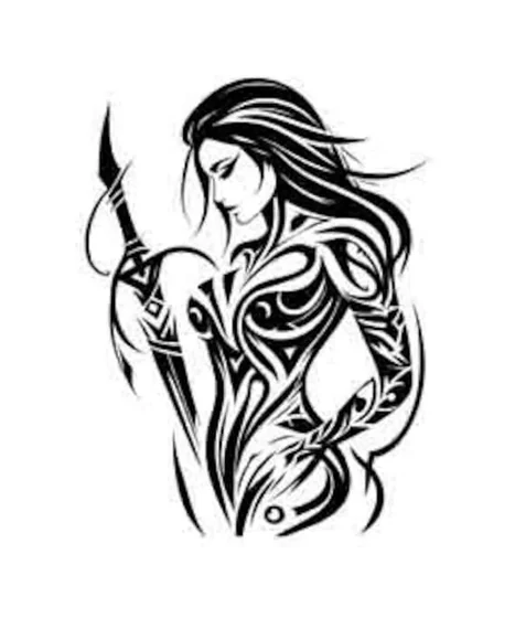 Tribal Blackwork warrior with sword tattoo design for women