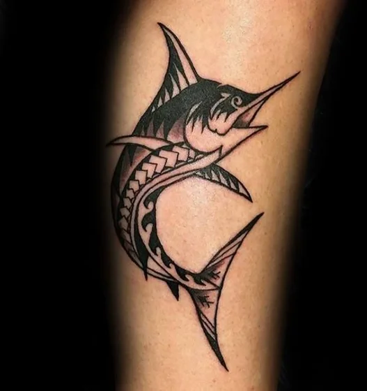 Tribal Marlin fish tattoo design for men on calf