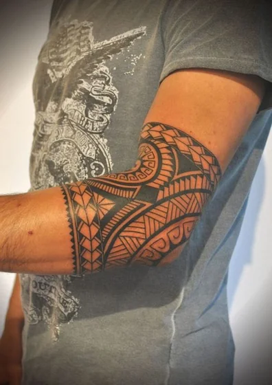 Tribal Polynesian patterns tattoo design for men on forearm and elbow