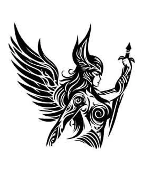 Tribal blackwork winged warrior with sword tattoo design for women