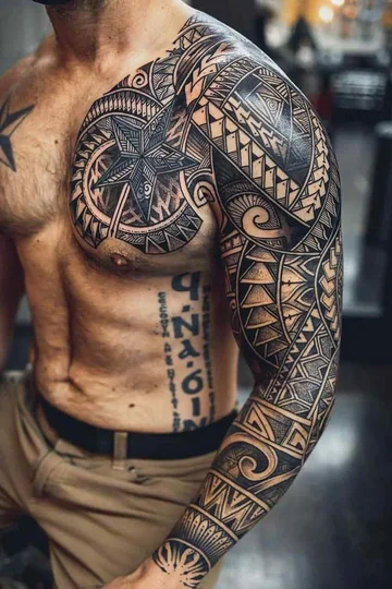 Desenho de tatuagem tribal geométrica de estrela para homens em manga completa e peito