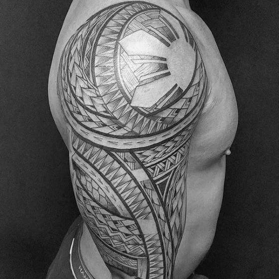Tribal geometric sun tattoo design for men on shoulder and half sleeve
