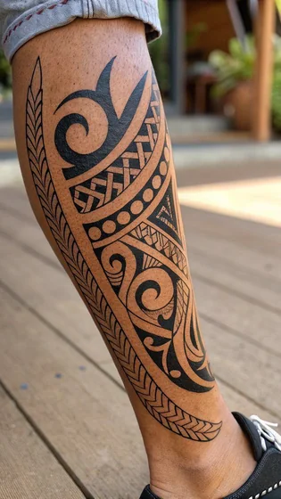 Desenho de tatuagem com padrão tribal para homens na panturrilha