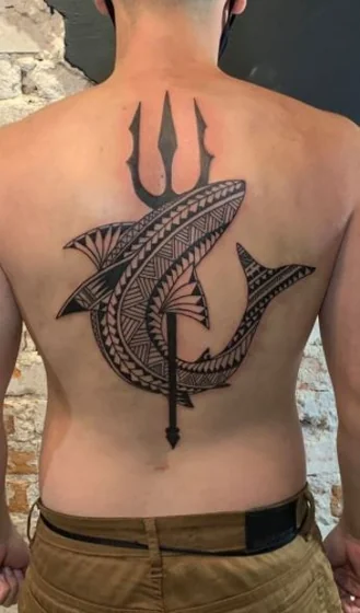 Tribal shark and trident tattoo design for men on back