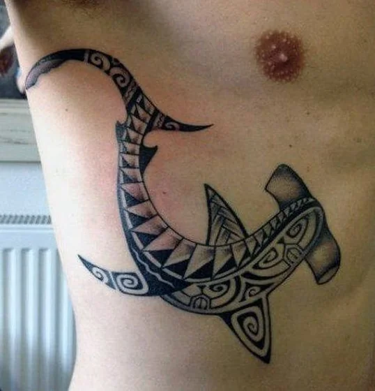 Tribal shark tattoo for men on rib