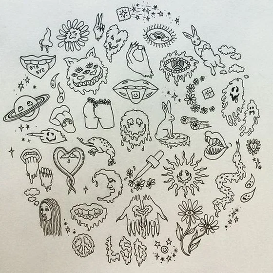 Trippy ignorant patchwork tattoo design with melting flowers, skulls, rabbits, eyes, lips