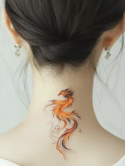 Vibrant Japanese Phoenix tattoo design for women on the neck