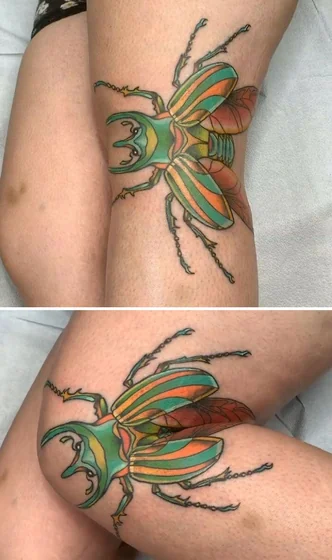 Vibrant Neo-Traditional beetle tattoo design on knee