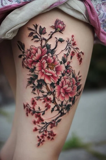 Vibrant Neo-Traditional floral tattoo for women on thigh