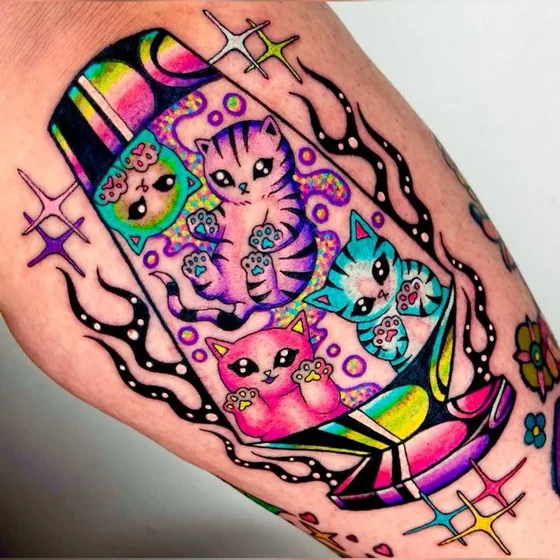 Vibrant New School Cat Lava Lamp tattoo design for women on calf