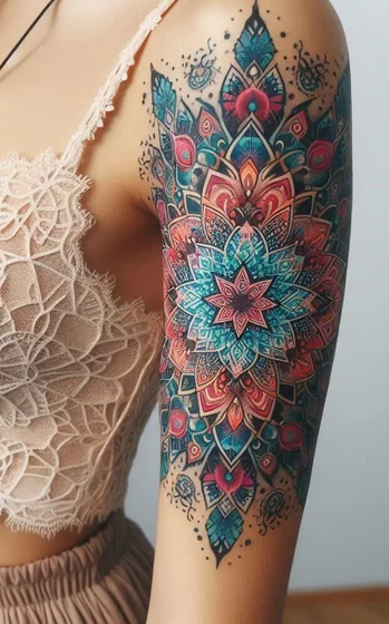 Vibrant geometric floral mandala tattoo for women on upper arm