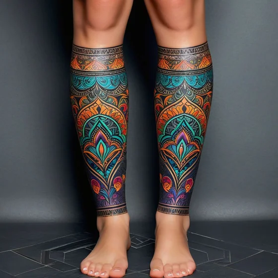 Vibrant geometric ornamental floral mandala tattoo idea for women on legs