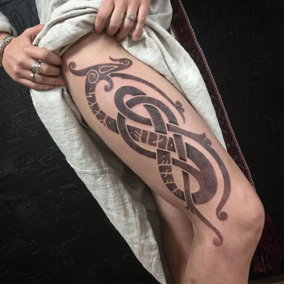 Viking Blackwork Dragon Knotwork tattoo design for women on thigh