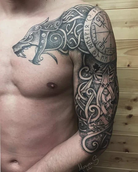 Viking Wolf Compass Dotwork tattoo for men on shoulder, upper arm