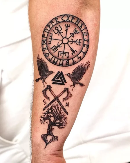 Viking compass, raven, axe, tree patchwork tattoo design for men on forearm