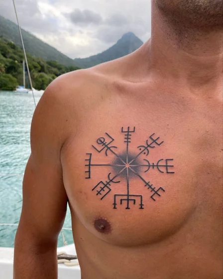 Viking geometric linework tattoo design for men on chest