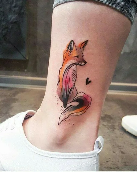 Watercolor Fox and Heart tattoo for ladies on ankle