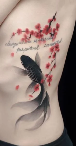 Watercolor Japanese Koi fish and cherry blossom tattoo idea for women on rib