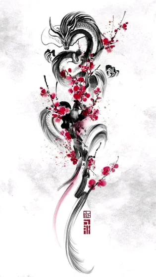Watercolor Japanese dragon and floral tattoo design for men and women
