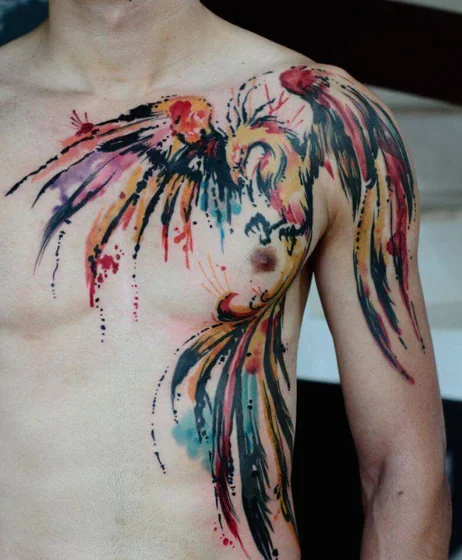 Watercolor Phoenix tattoo design for men on chest and shoulder