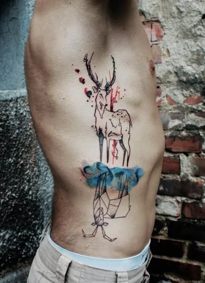Watercolor and geometric deer and bat tattoo design for men on rib