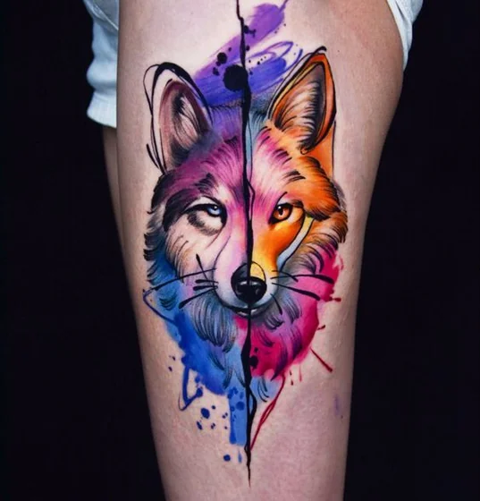 Watercolor and sketch wolf tattoo design for women on thigh