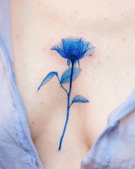 Watercolor blue rose tattoo design for women on chest
