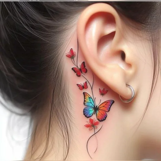 Watercolor butterfly and floral tattoo idea for women on neck