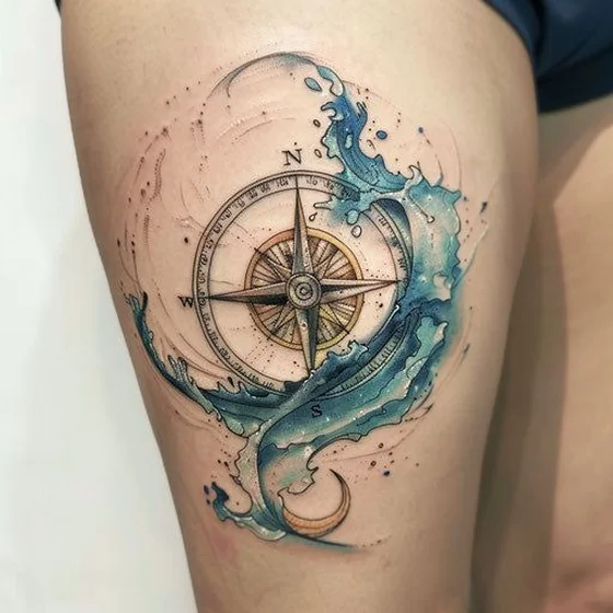Watercolor compass and ocean waves thigh tattoo idea for men/women