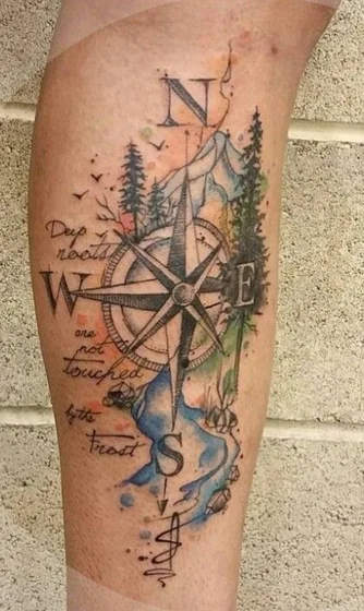 Watercolor compass, mountain, quote tattoo for men and women on calf