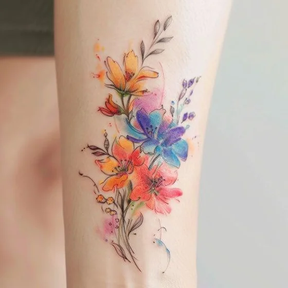Watercolor fine line floral flower tattoo design for women on forearm