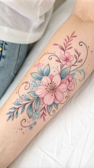 Watercolor floral flower tattoo design for women on forearm