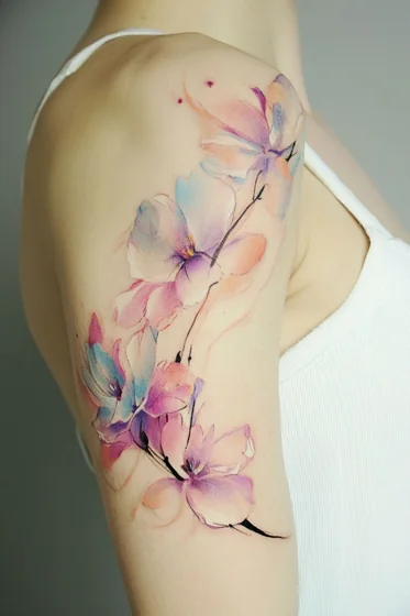 Watercolor flower and floral tattoo for women on upper arm