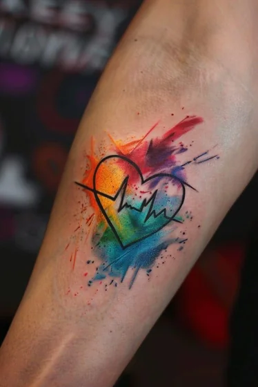 Watercolor heart heartbeat tattoo design for men & women on forearm