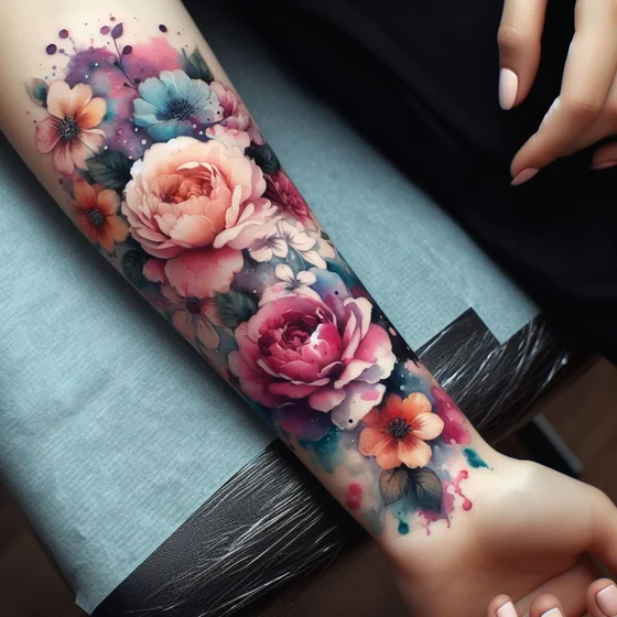 Watercolor rose and floral tattoo design for women on forearm and wrist