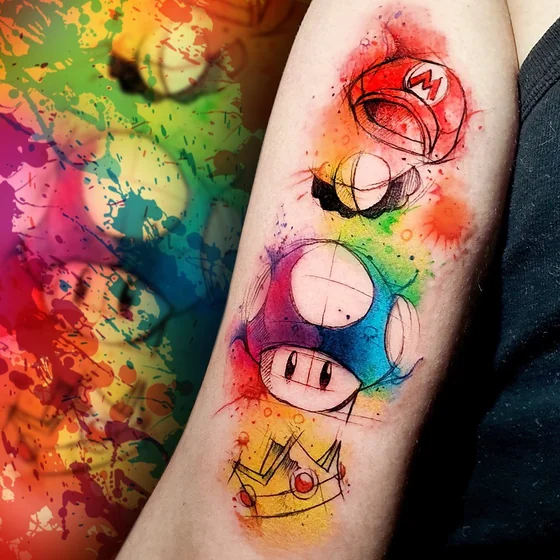 Watercolor sketch Mario elements tattoo for women on upper arm
