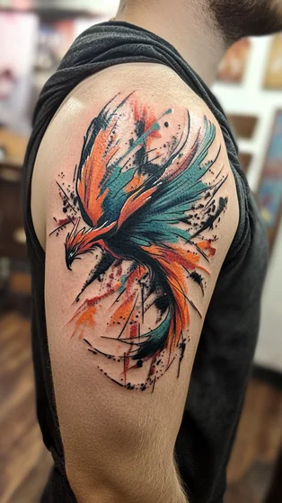 Watercolor sketch Phoenix tattoo design for men on shoulder and upper arm