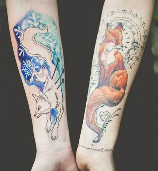 Watercolor sketch fox tattoos with snowflake & floral for women