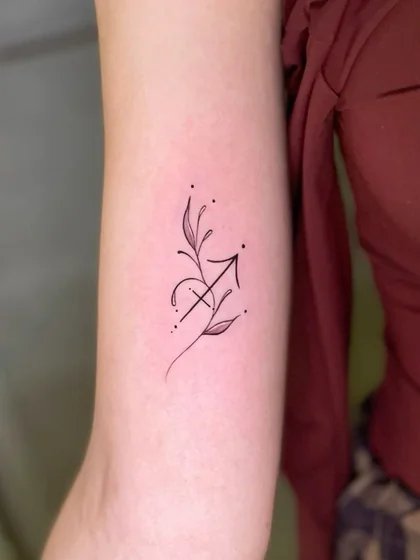 Women's Fine Line Minimalist Sagittarius Floral tattoo on Upper Arm